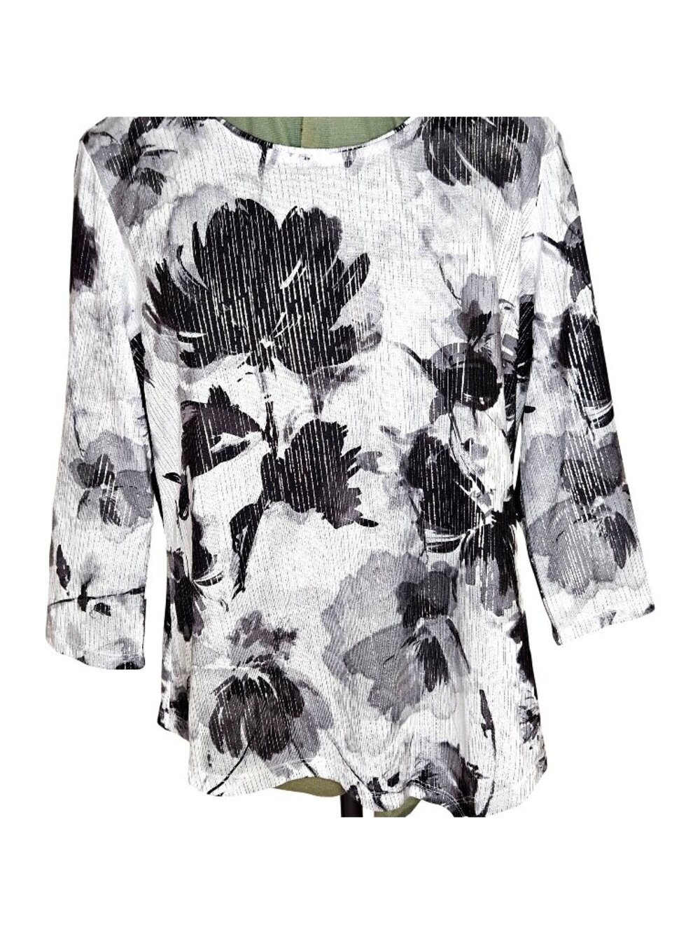 Woman's Allison Daley dark romantic floral grunge black, white, and gray top PL
